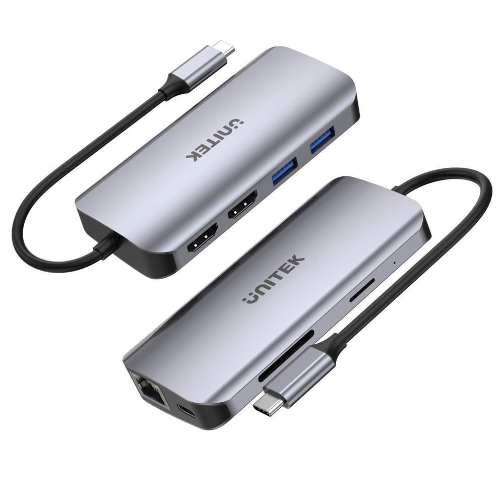 Unitek Aktywny hub USB-C 5Gbps, 2x HDMI 4K, czytnik kart, RJ-45, PD 100W-1781529