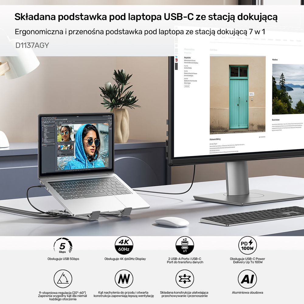 Unitek Podstawka regulowana pod laptop z hubem/HDMI/PD/SD-1807785