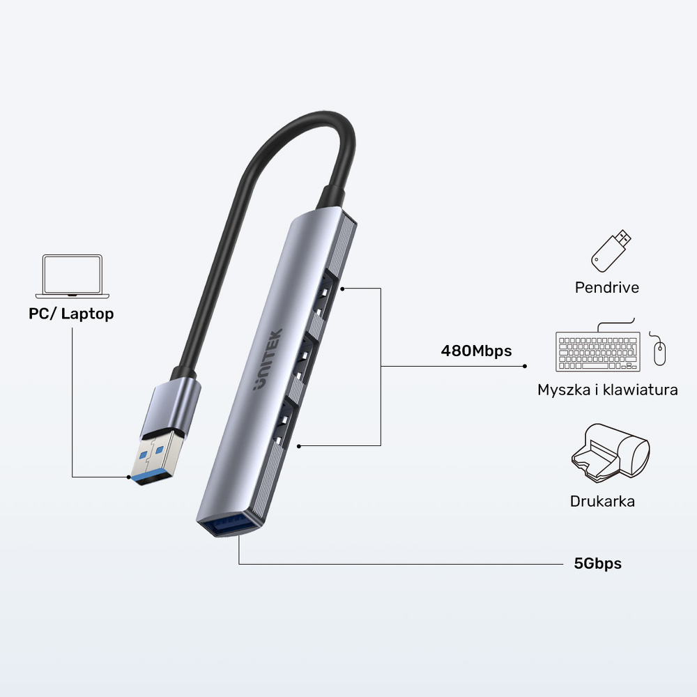 Unitek Hub USB-A 1*USB-A 5 Gbps, 3*USB-A 2.0 alu-1654613