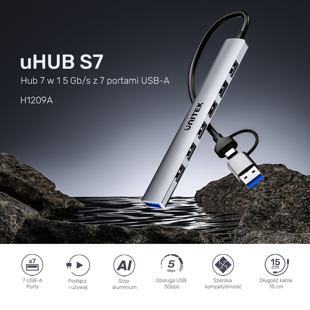 Unitek Hub USB-A/C 7w1 USB A z adapterem USB A 5 Gbps-1785800