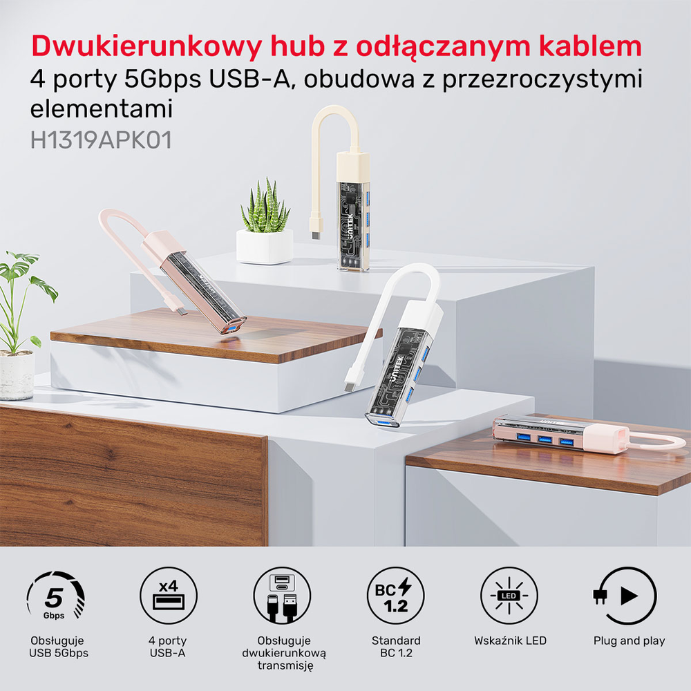 Unitek hub dwukierunkowy USB C/USB A 5Gbps, 4x USB A różowy-1783354