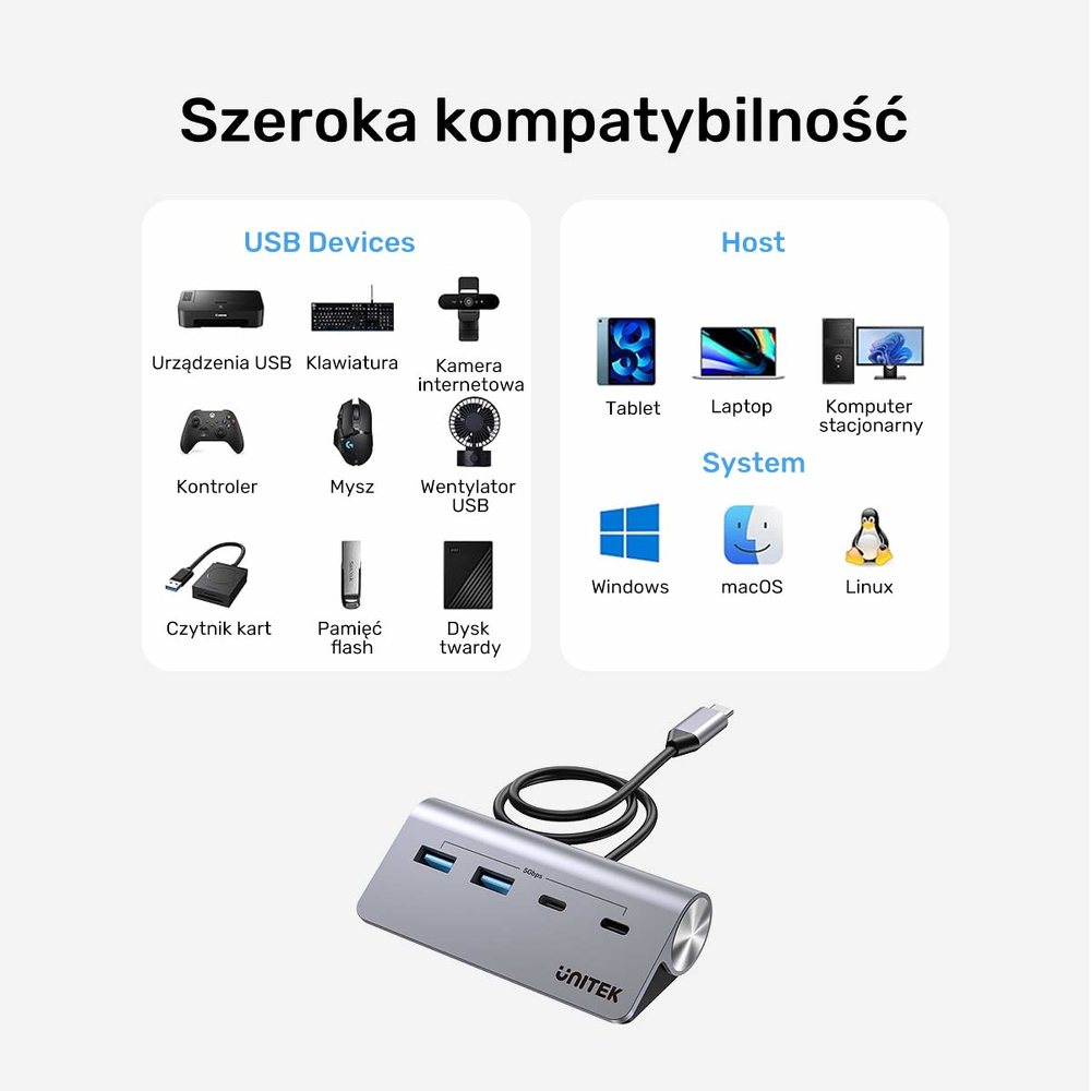Unitek Hub alumininiowy USB-A/USB-C z 4 portami 5Gbps-1808063