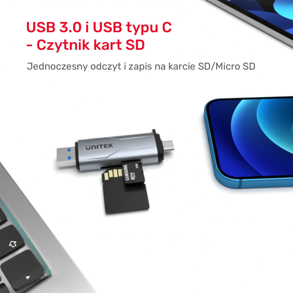 Unitek Czytnik kart SD/microSD USB-A 5Gbps/USB-C-1638694