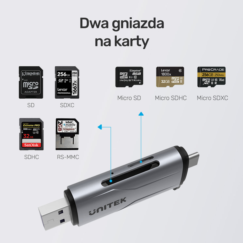 Unitek Czytnik kart SD/microSD USB-A 5Gbps/USB-C-1638697