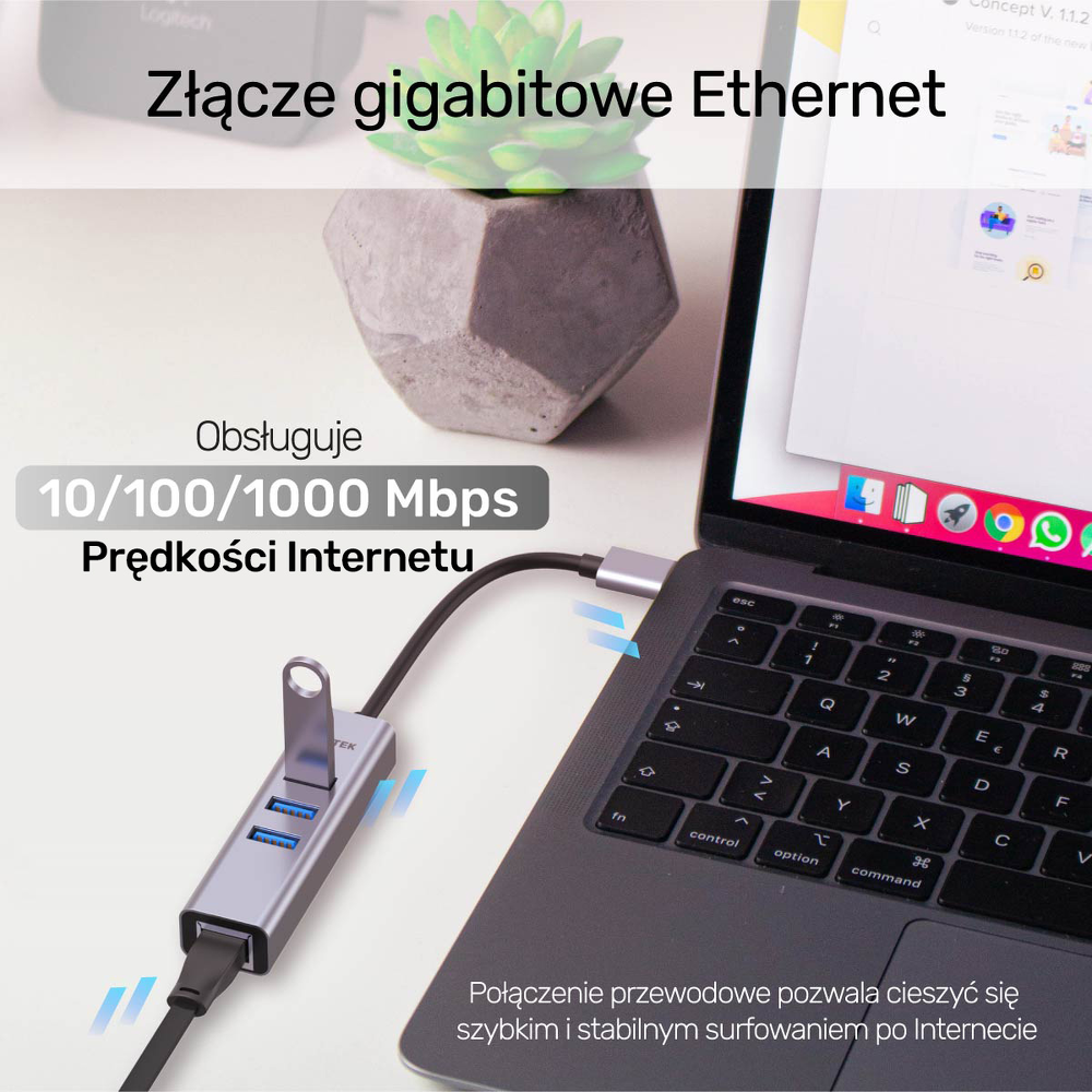 Unitek Hub USB C 4w1 Ethernet 3 x USB A 5 Gbps z adapterem USB A-1783399