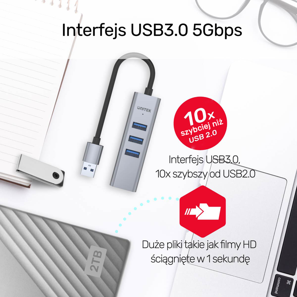 Unitek Hub USB C 4w1 Ethernet 3 x USB A 5 Gbps z adapterem USB A-1783400