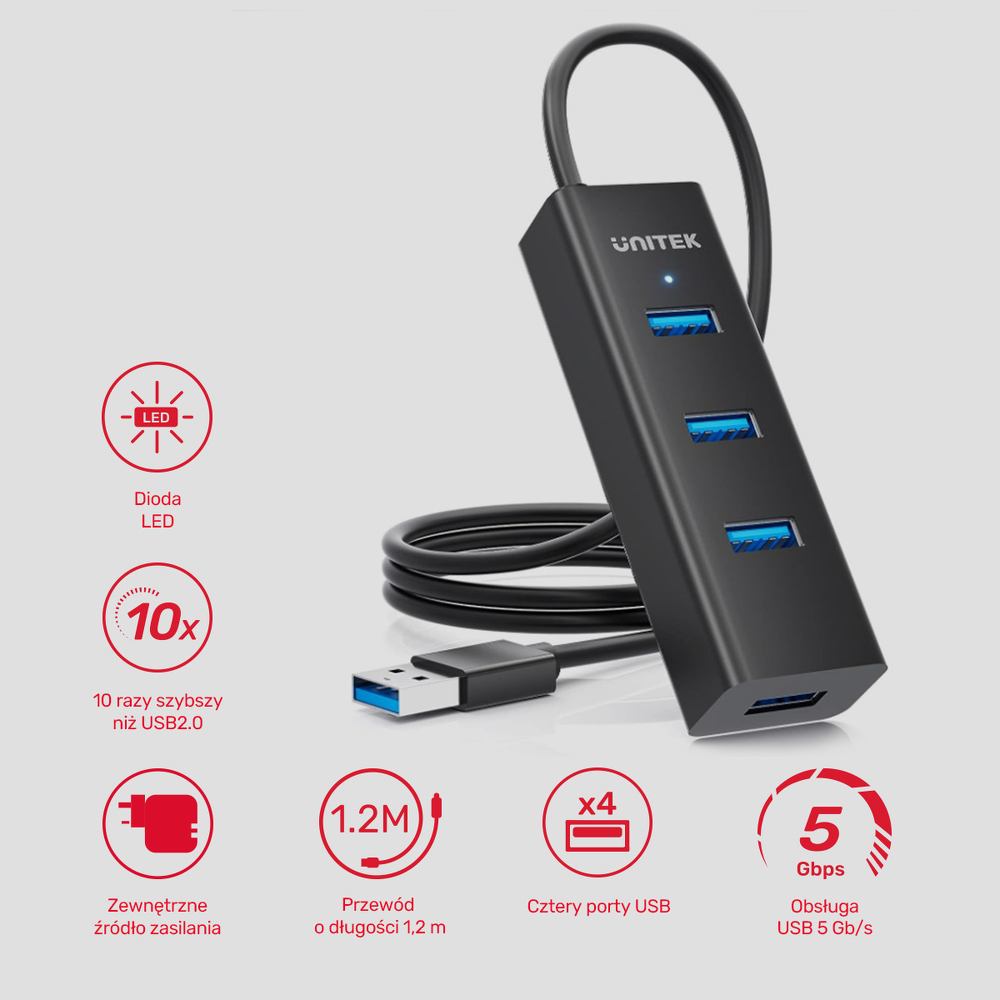 Unitek Aktywny hub USB-A 5Gbps, 4 porty USB-A-1780804