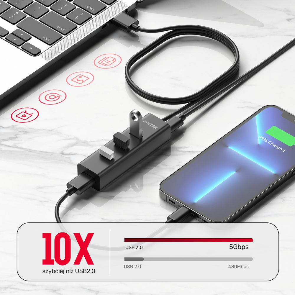Unitek Aktywny hub USB-A 5Gbps, 4 porty USB-A-1780808