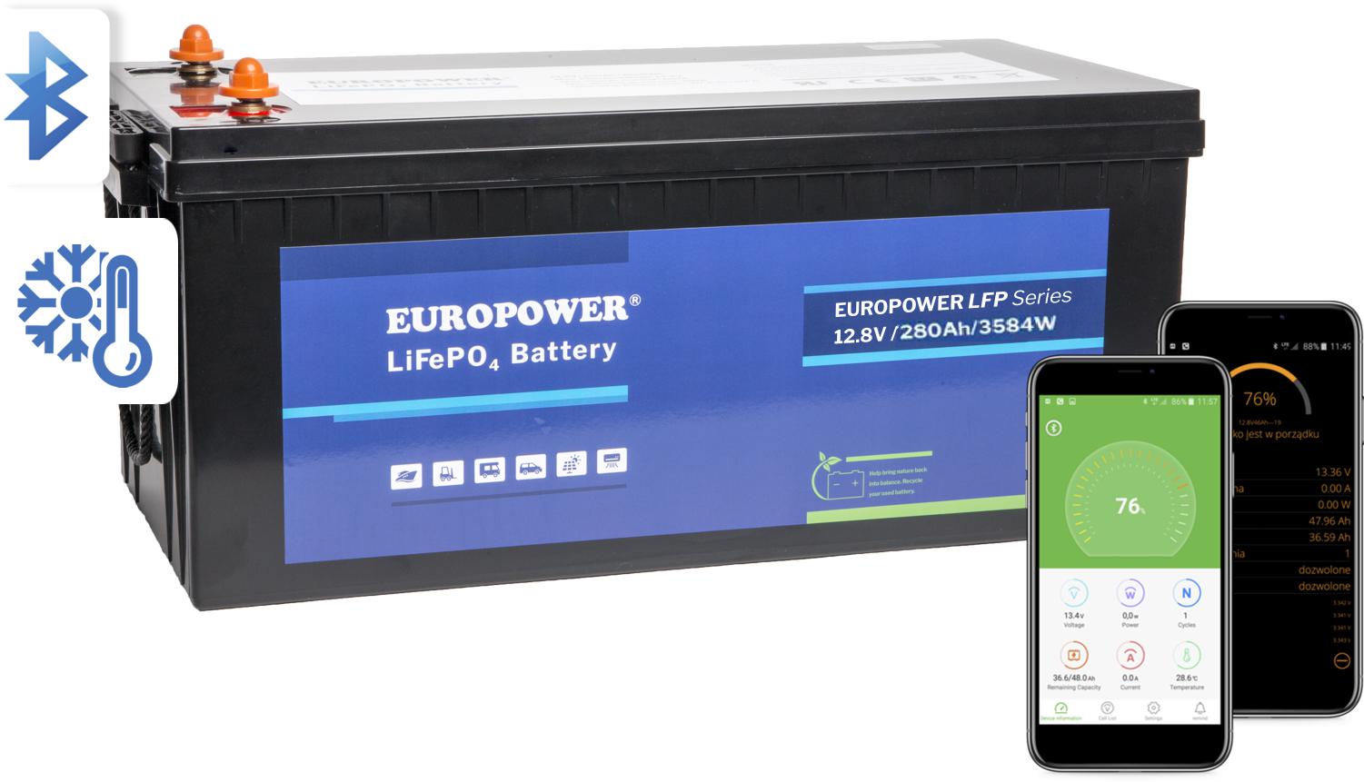 Akumulator LiFePO4 EUROPOWER serii LFP 12,8V 280Ah Bluetooth, mata grzewcza (Żywotność ~4000 cykli)-1768158
